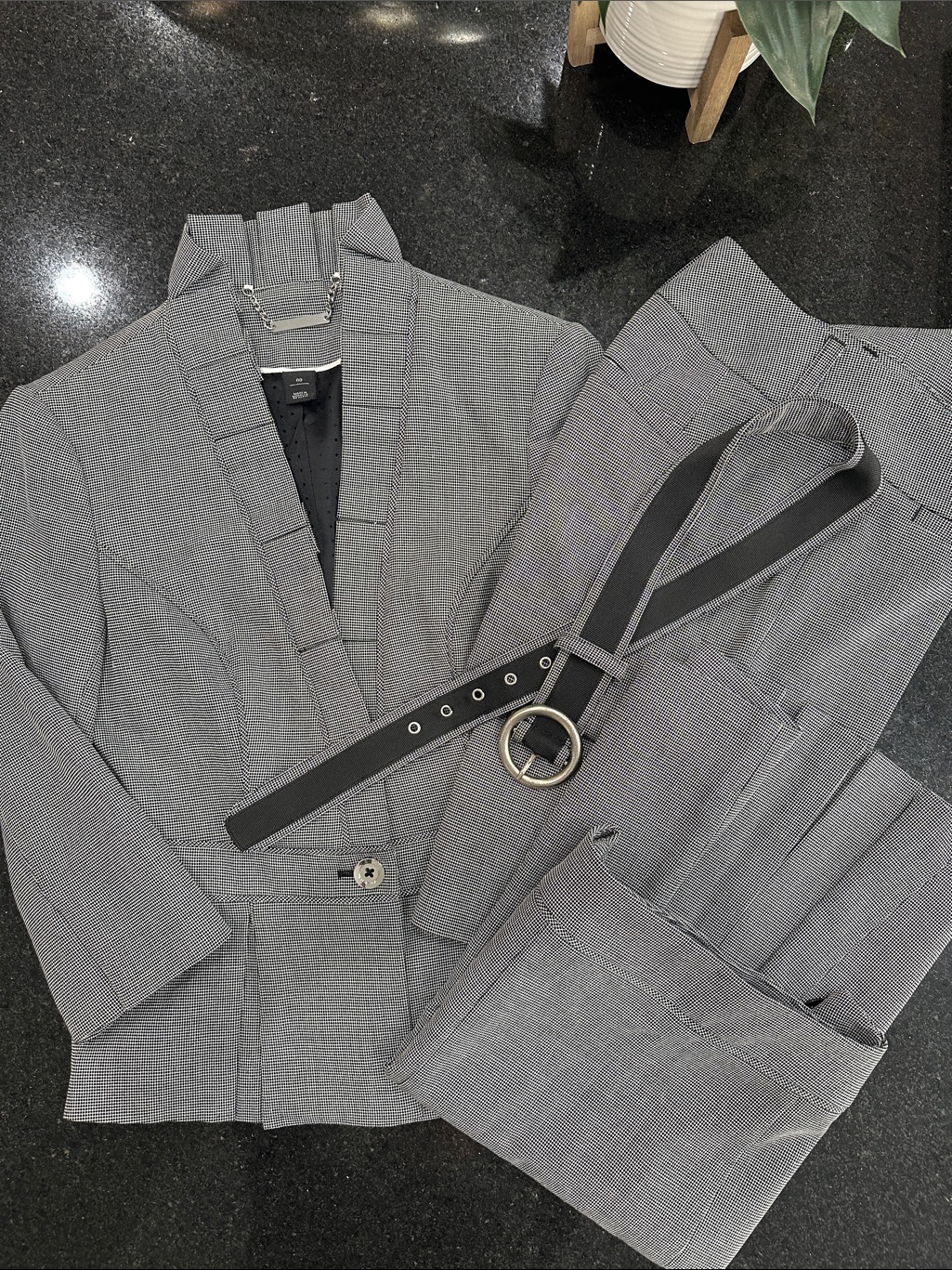 Whbm Black And White Mini-Check With Black Trim. Blazer, Pants/Belt, Skirt